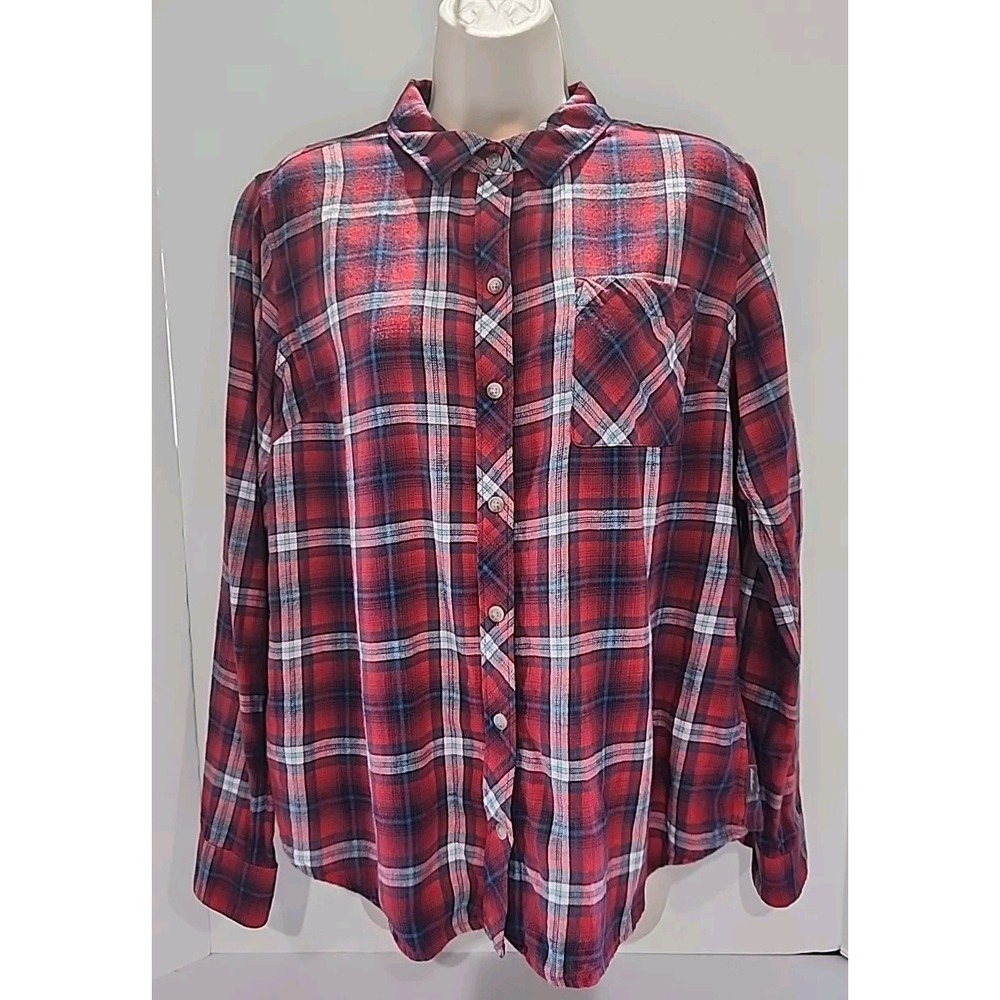 Eddie Bauer Fannel Shirt Womens Size Large Red Plaid Button Up Long Sleeve